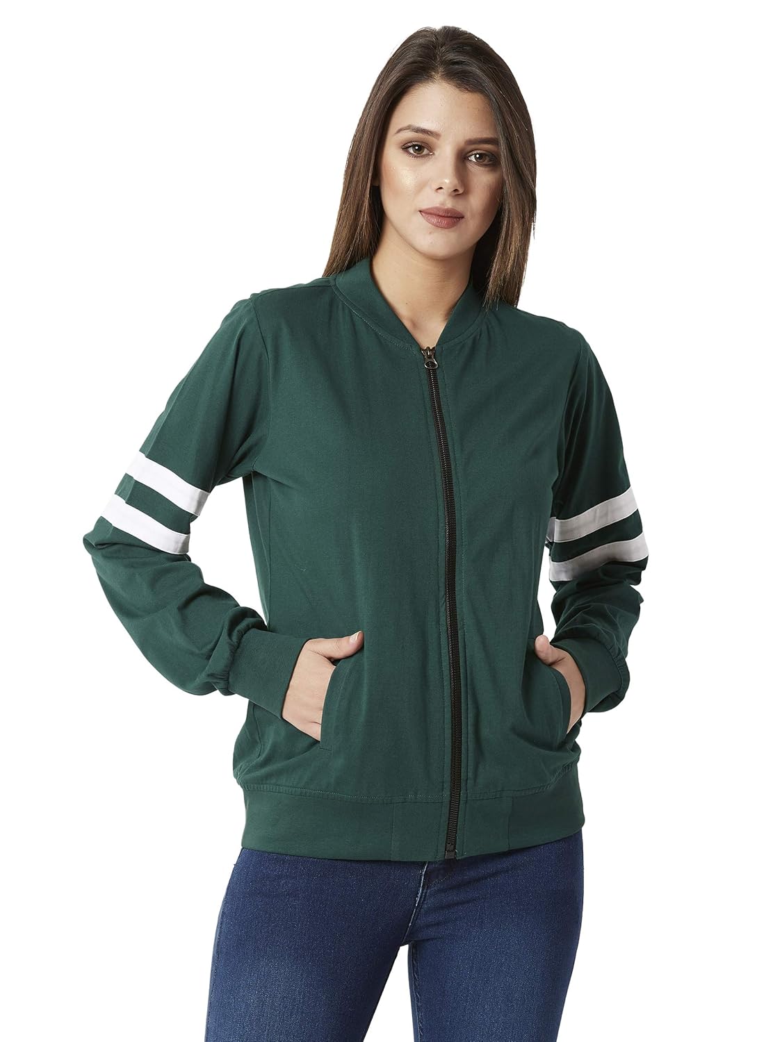 Women's Green Cotton Bomber Jacket - Image 6