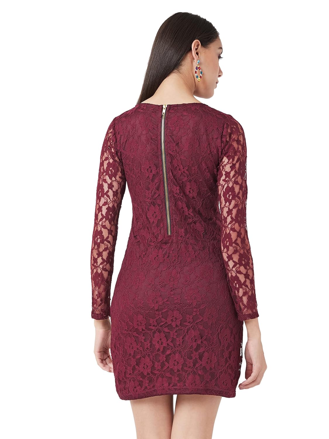 Women's Maroon Round Neck Full Sleeves Lace Bodycon Mini Dress - Image 4