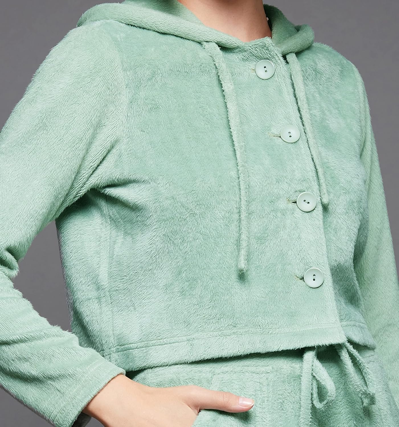 Women'S Sage Green Hooded Full-Sleeve Solid Croped Hooded Regular Length Polyester Co-Ord Set - Image 4
