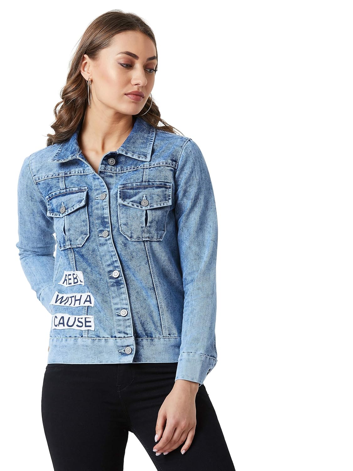 Women's Light Blue Collared Solid Full Sleeve Regular Length Denim Jacket - Image 2
