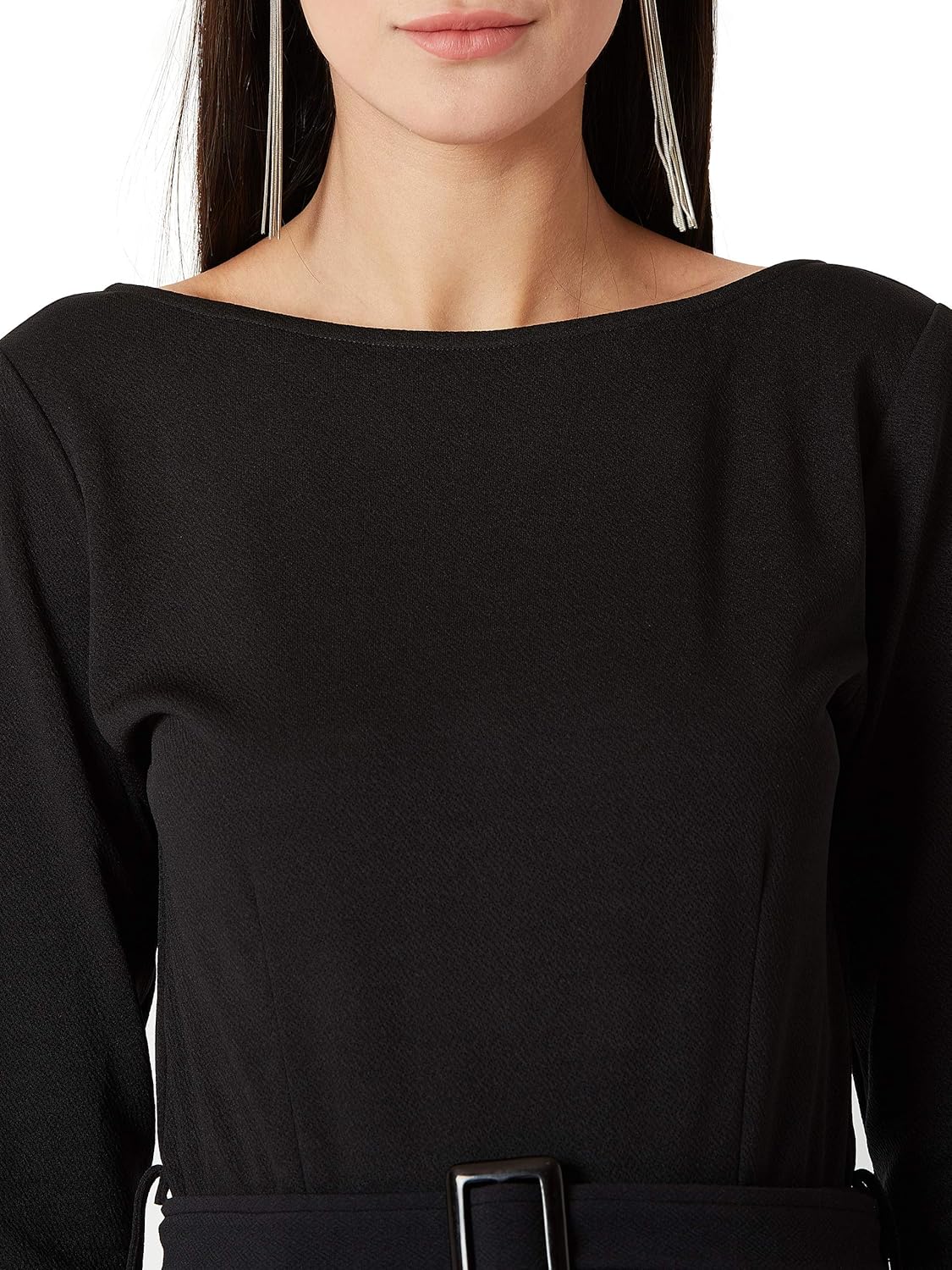 Women's Black Round Neck 3/4th Sleeves Solid Belted Wide-Leg Side Slit Jumpsuit - Image 5