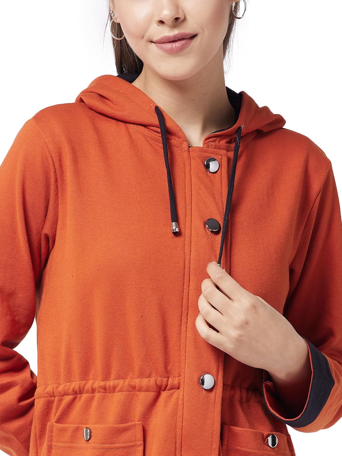 Cotton Women's Multicolor-Base Rust Hooded Full Sleeve Solid Waist Length Tie-Up Regular Jacket - Image 5