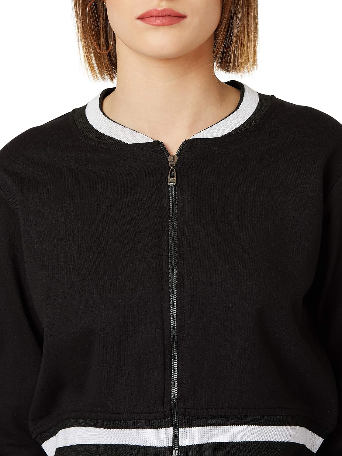 Women's Off White V-Neck Full Sleeves Bomber Cropped Jacket - Image 6