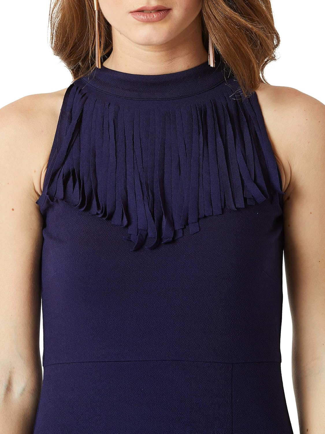 Women's Designer Wine Red Fringed Halter Neck Sleeveless Solid Maxi Front Slit Dress - Image 10