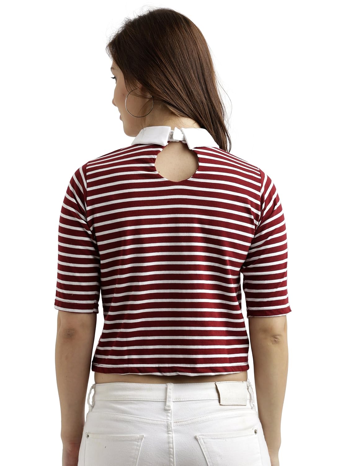 Women's Maroon and White Half Sleeves Round Neck Striped Crop Top - Image 9