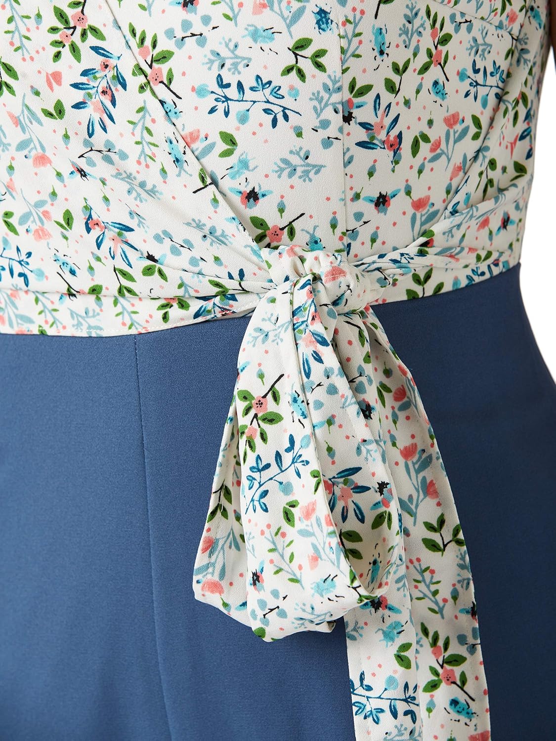 Women's Multicolored Round Neck Short Sleeves Floral Waist Tie-Up Regular Length Jumpsuit - Image 7