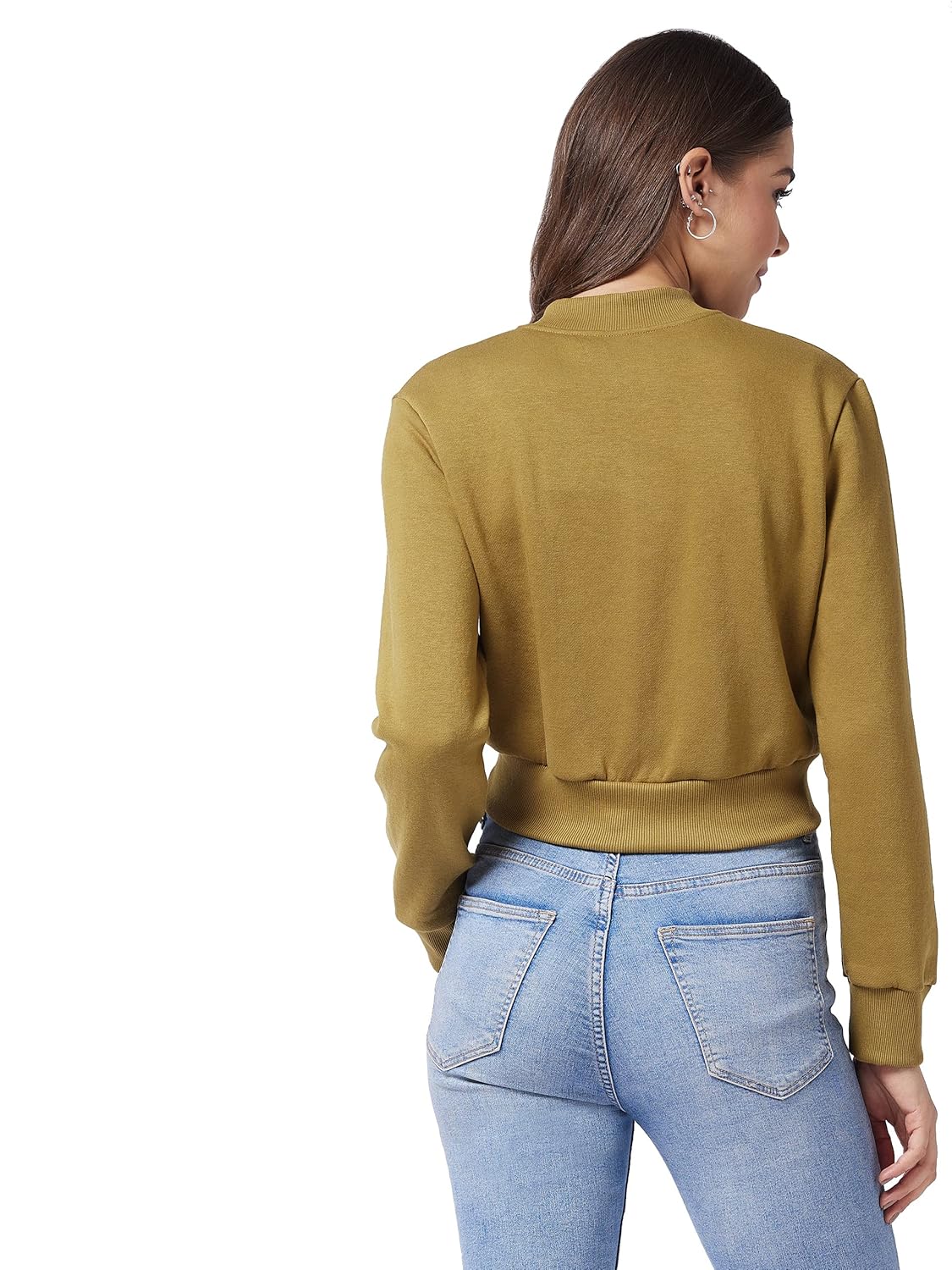 Women's Cotton Round Neck Full Sleeve Solid Bomber Crop Cropped Length Jacket - Image 4