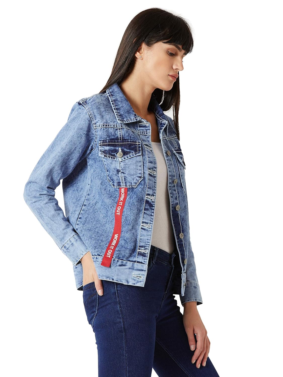 Women's Light Blue Collared Full Sleeve Buttoned Twill Tape Detailing Solid Denim Jacket - Image 3