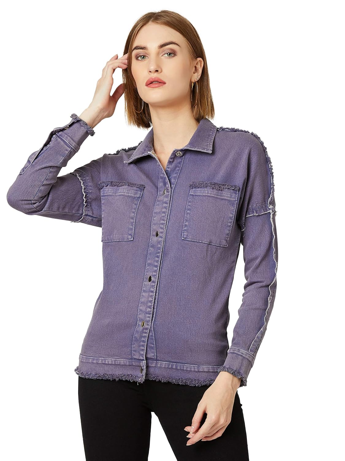 Women's Purple Denim Bomber Jacket - Image 3