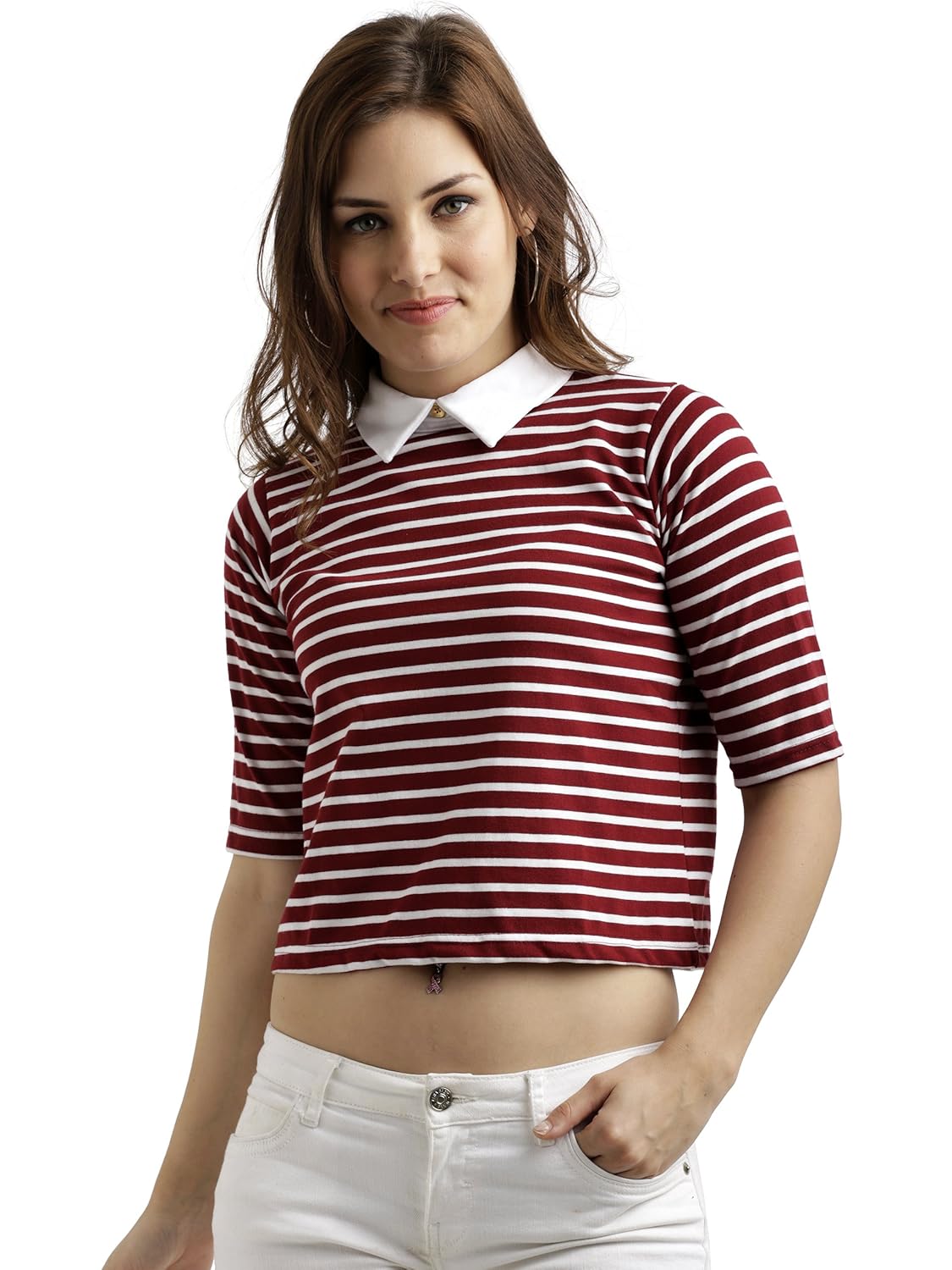 Women's Maroon and White Half Sleeves Round Neck Striped Crop Top - Image 6
