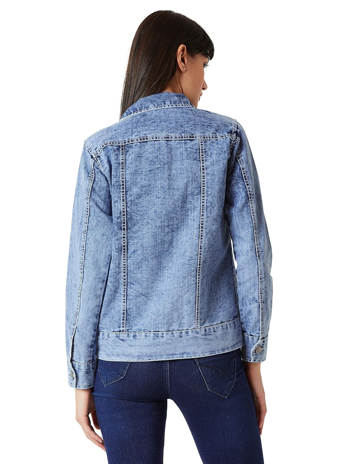 Women's Light Blue Collared Full Sleeve Buttoned Twill Tape Detailing Solid Denim Jacket - Image 4