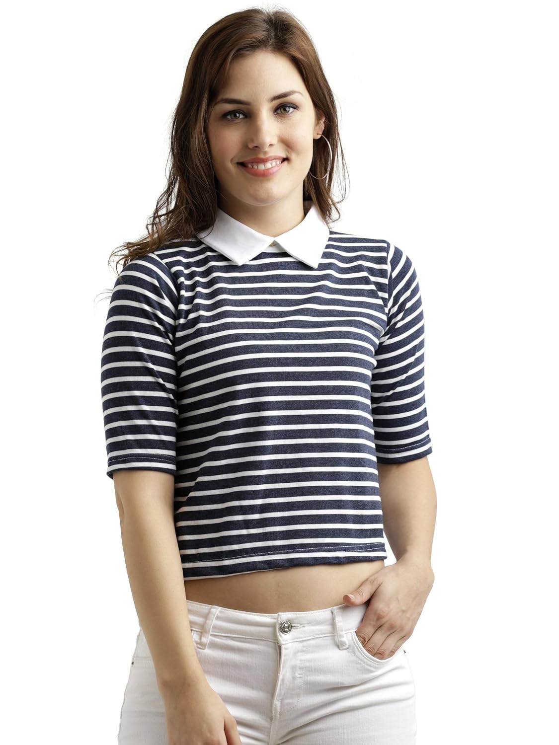 Women's Maroon and White Half Sleeves Round Neck Striped Crop Top