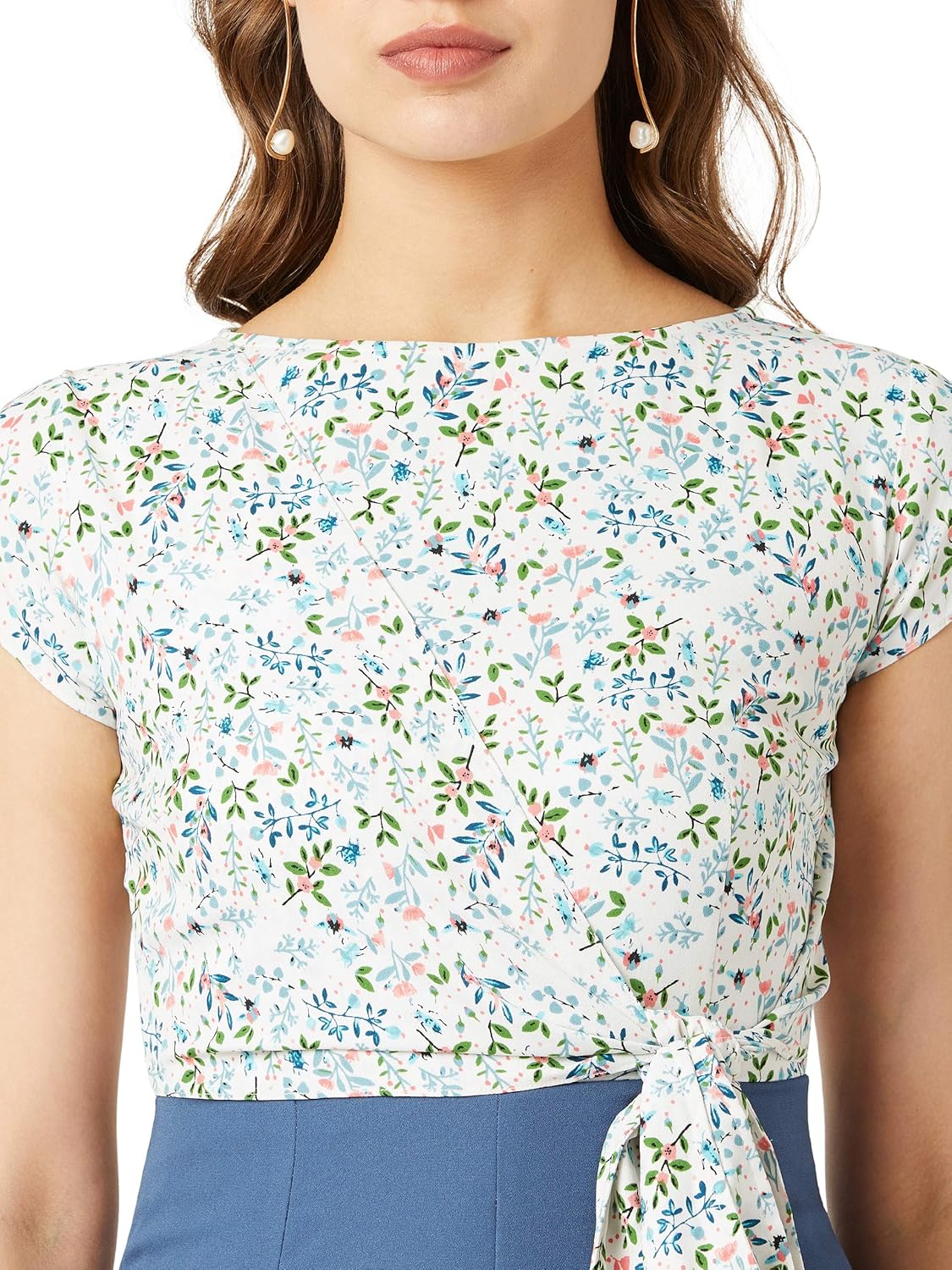 Women's Multicolored Round Neck Short Sleeves Floral Waist Tie-Up Regular Length Jumpsuit - Image 6