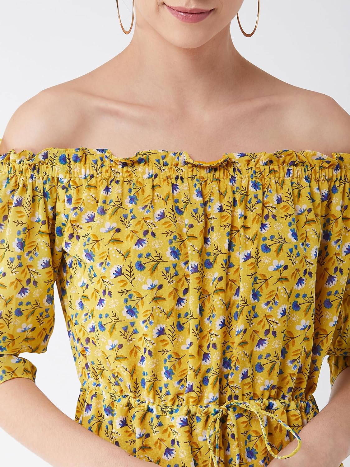 Miss Women's Floral Printed Georgette Regular Fit Off-Shoulder Half Sleeves Knee-Long Length Knee-Length Dress With Drawstring Closure - Image 4