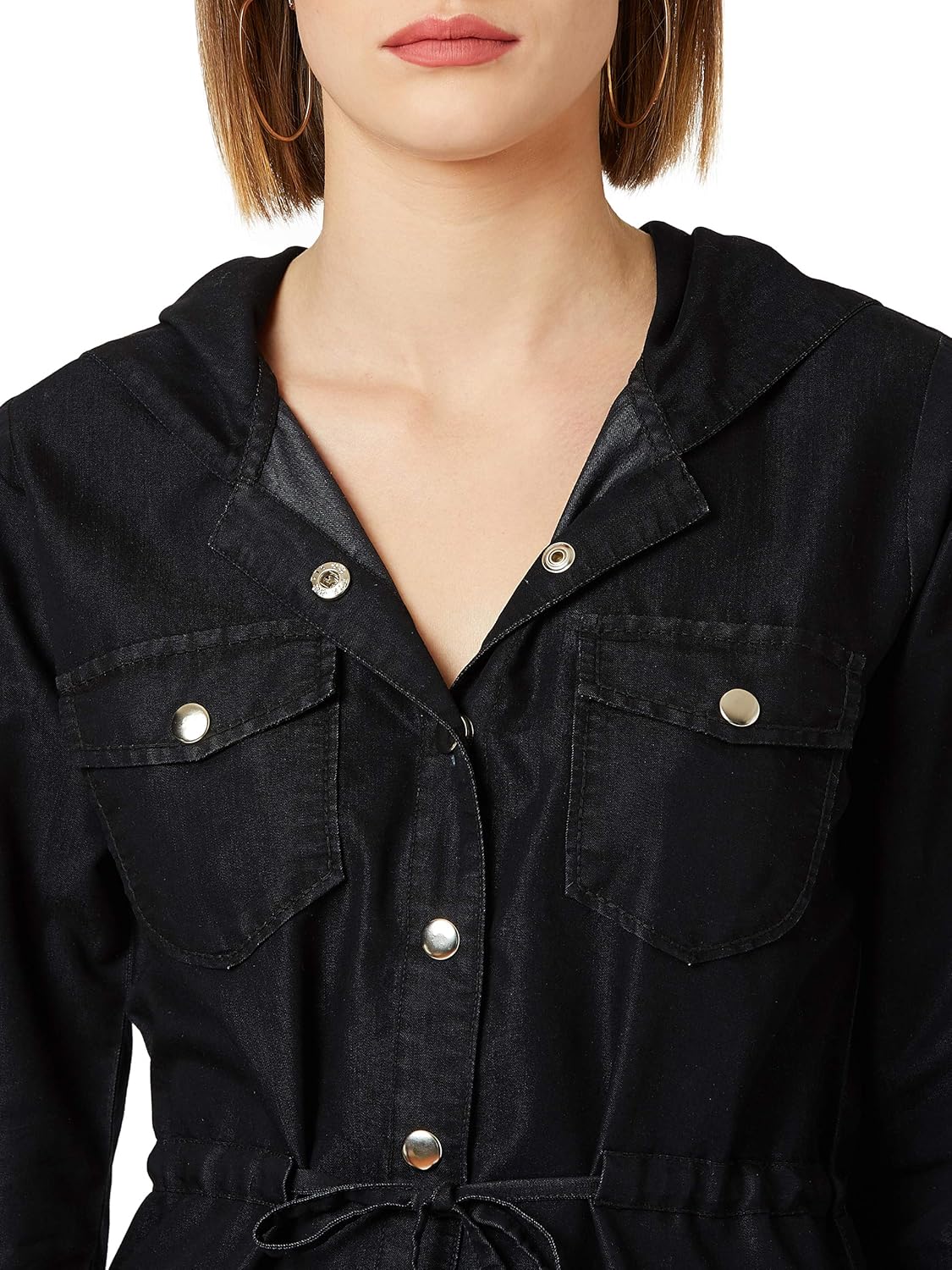 Women's Black Hooded Full Sleeves Solid Tie-Up Detailing Long Denim Jacket - Image 6