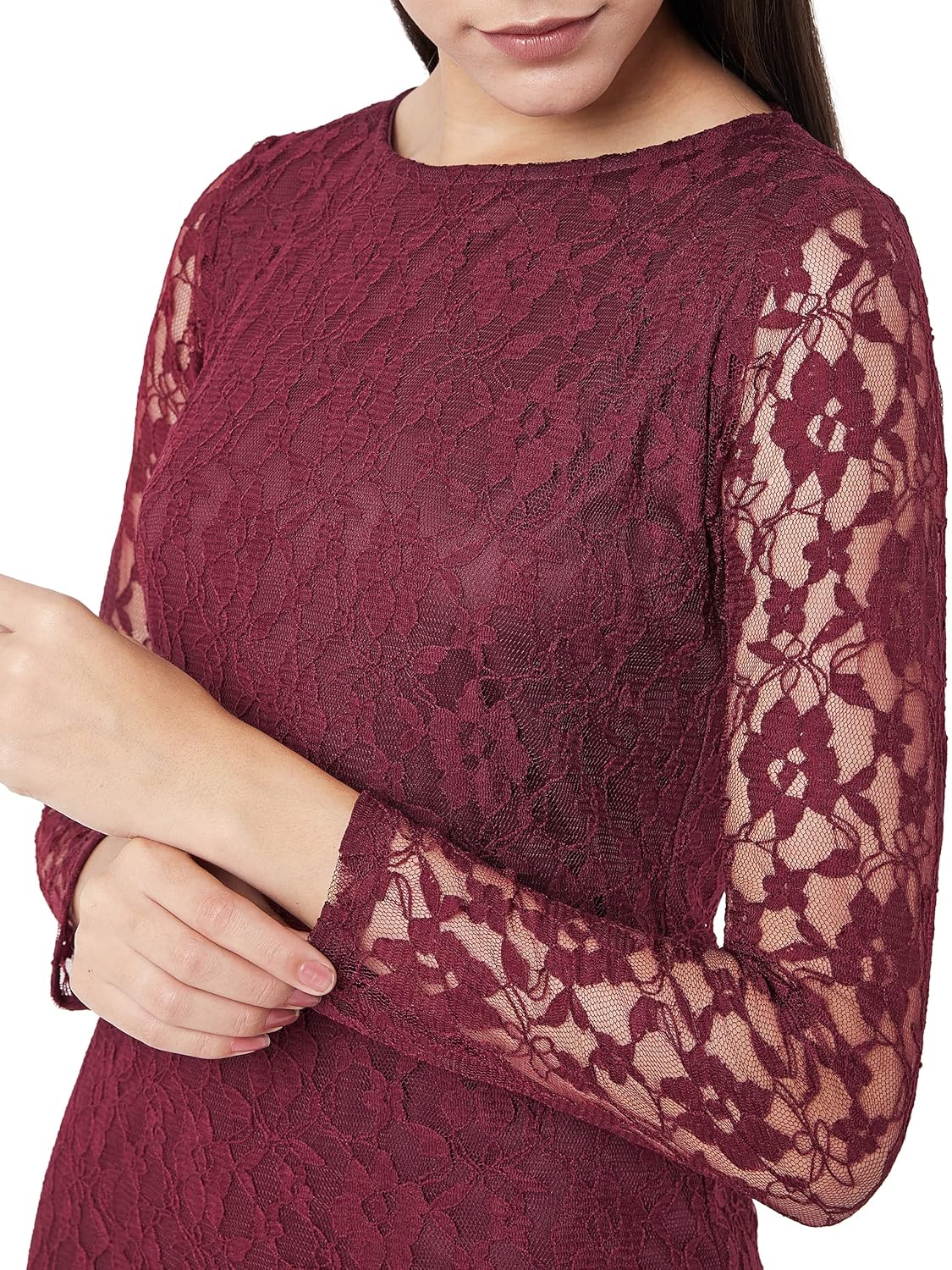 Women's Maroon Round Neck Full Sleeves Lace Bodycon Mini Dress - Image 5