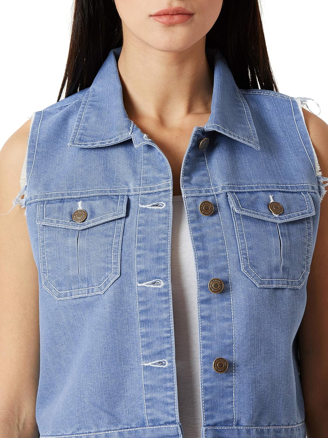 Women's Light Blue Polo Neck Sleeveless Denim Solid Buttoned Ice Wash Raw Edge Detailing Crop Denim Jacket - Image 6