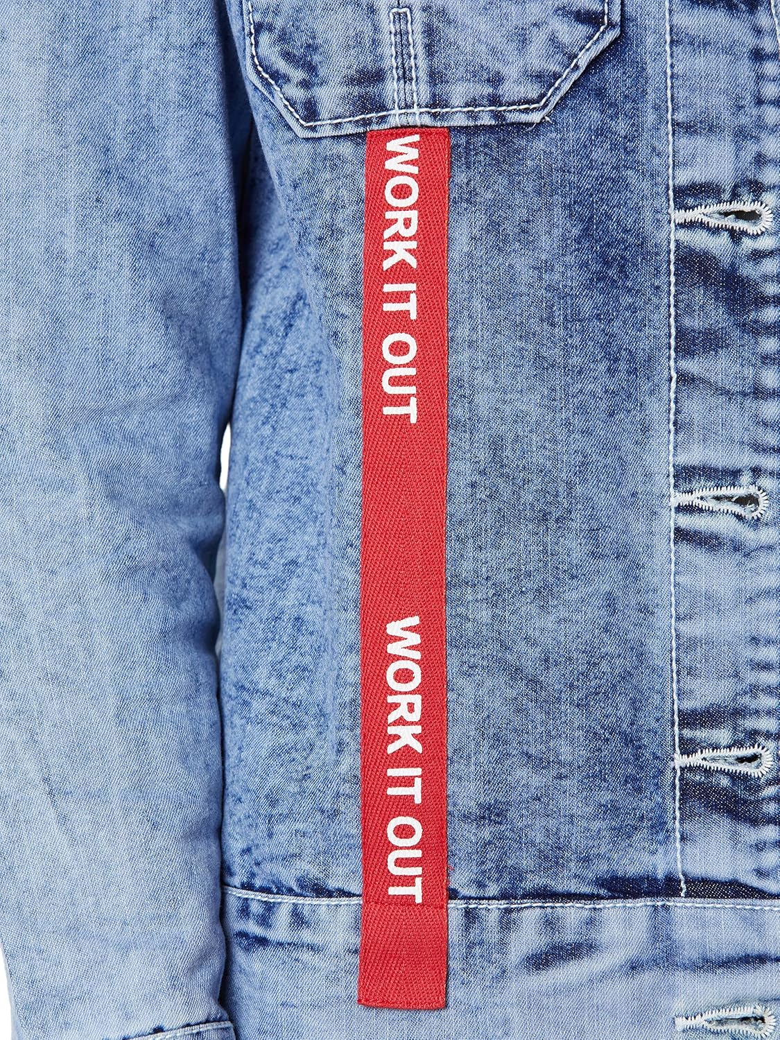 Women's Light Blue Collared Full Sleeve Buttoned Twill Tape Detailing Solid Denim Jacket - Image 6