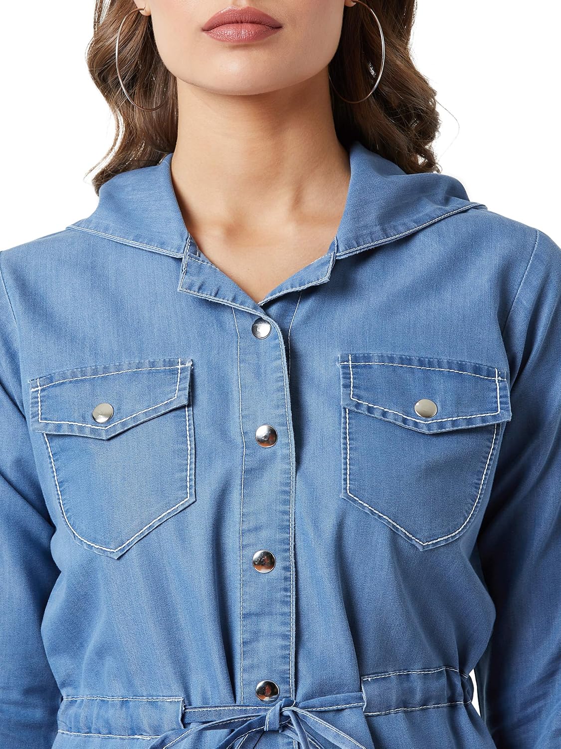 Women's Black Hooded Full Sleeves Solid Tie-Up Detailing Long Denim Jacket - Image 12