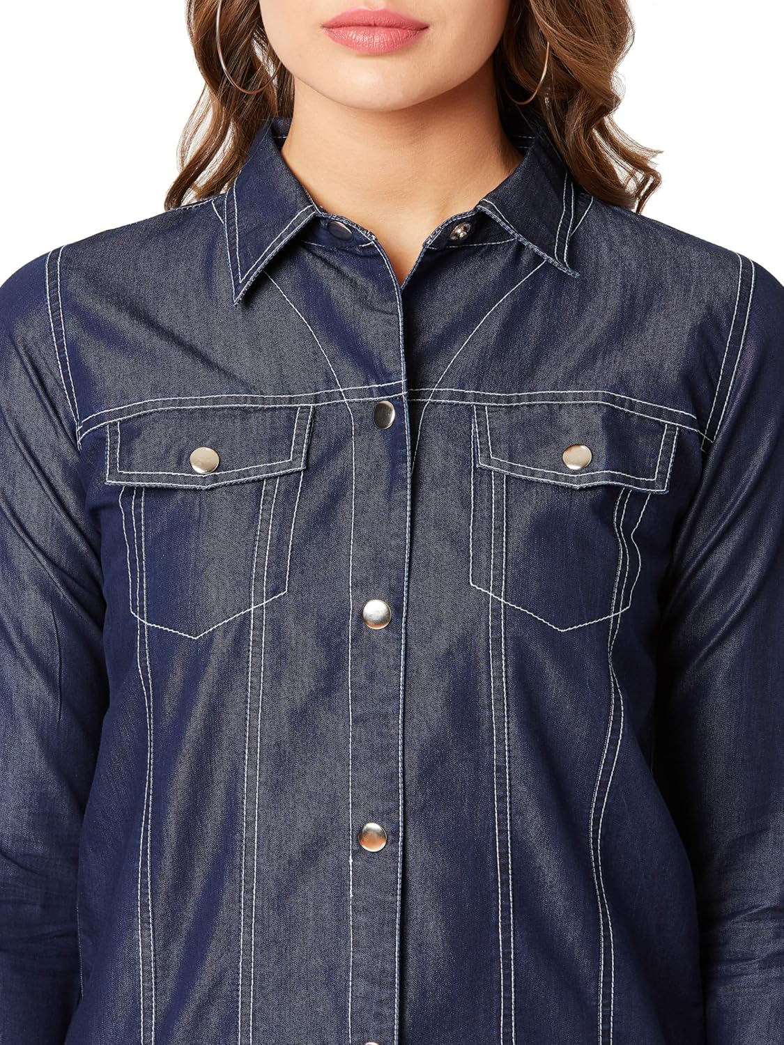 Women's Navy Collared Neck Full Sleeve Solid Bomber Regular Length Denim Jacket - Image 6
