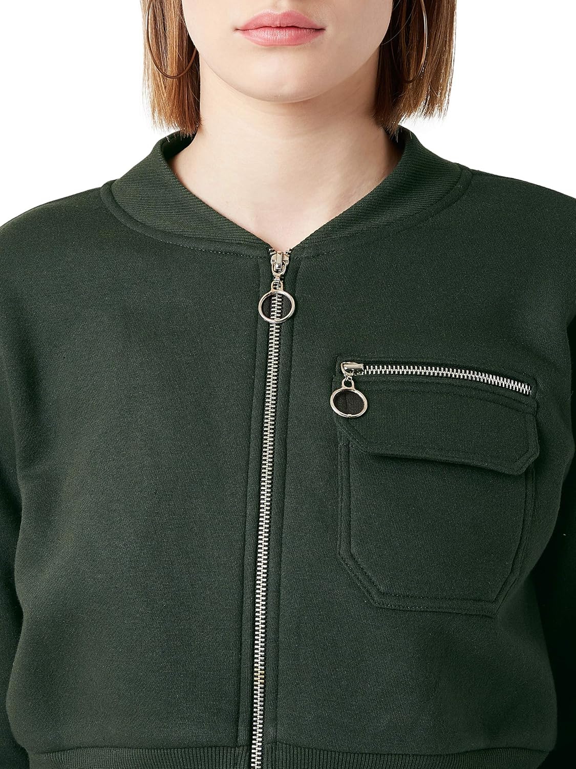Women's Grey Collared Full Sleeves Solid Bomber Cropped Jacket - Image 5