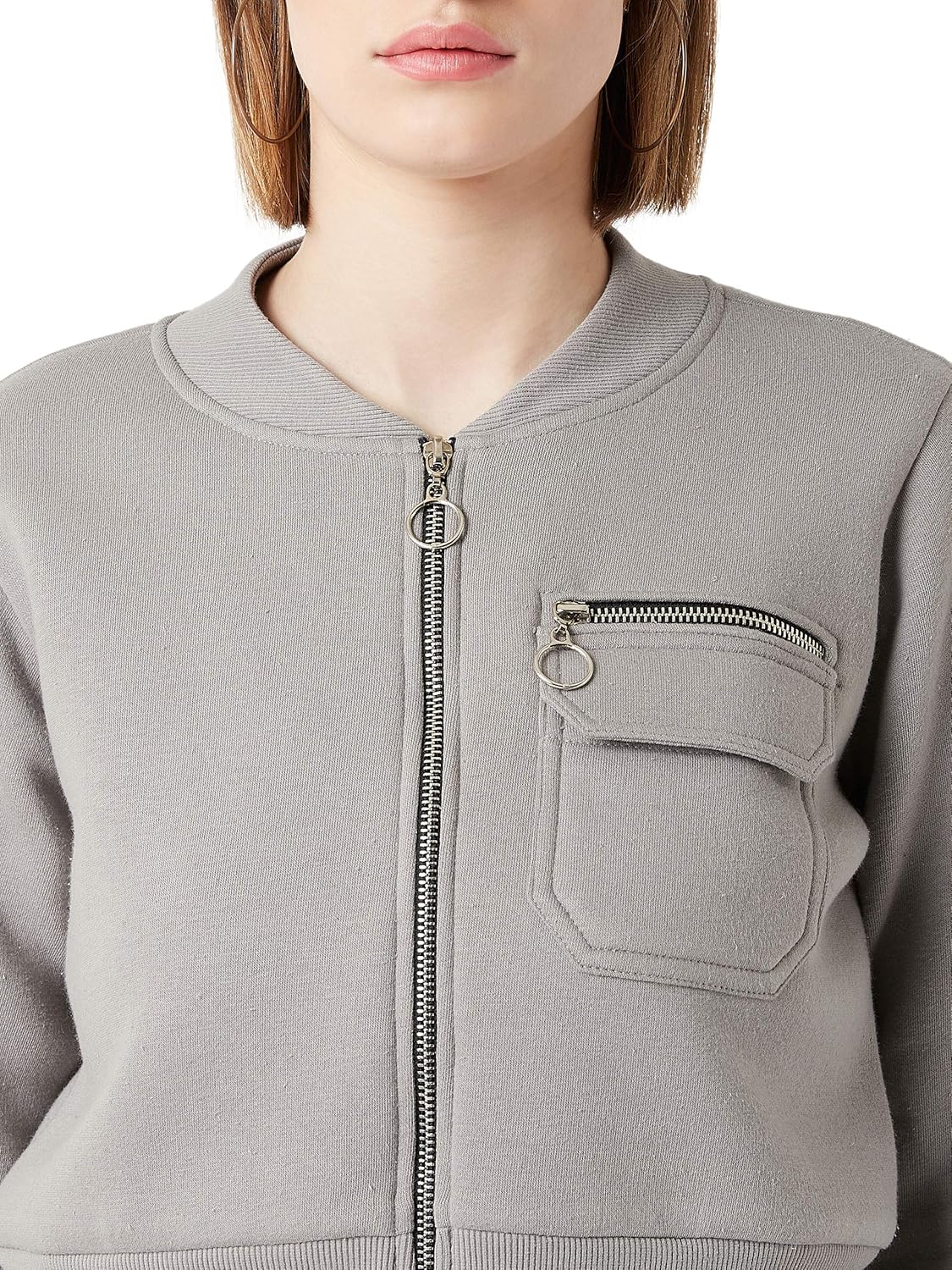 Women's Grey Collared Full Sleeves Solid Bomber Cropped Jacket - Image 12