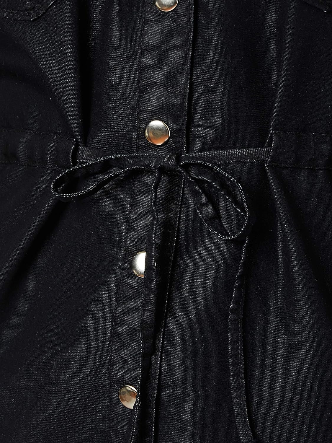 Women's Black Hooded Full Sleeves Solid Tie-Up Detailing Long Denim Jacket - Image 5