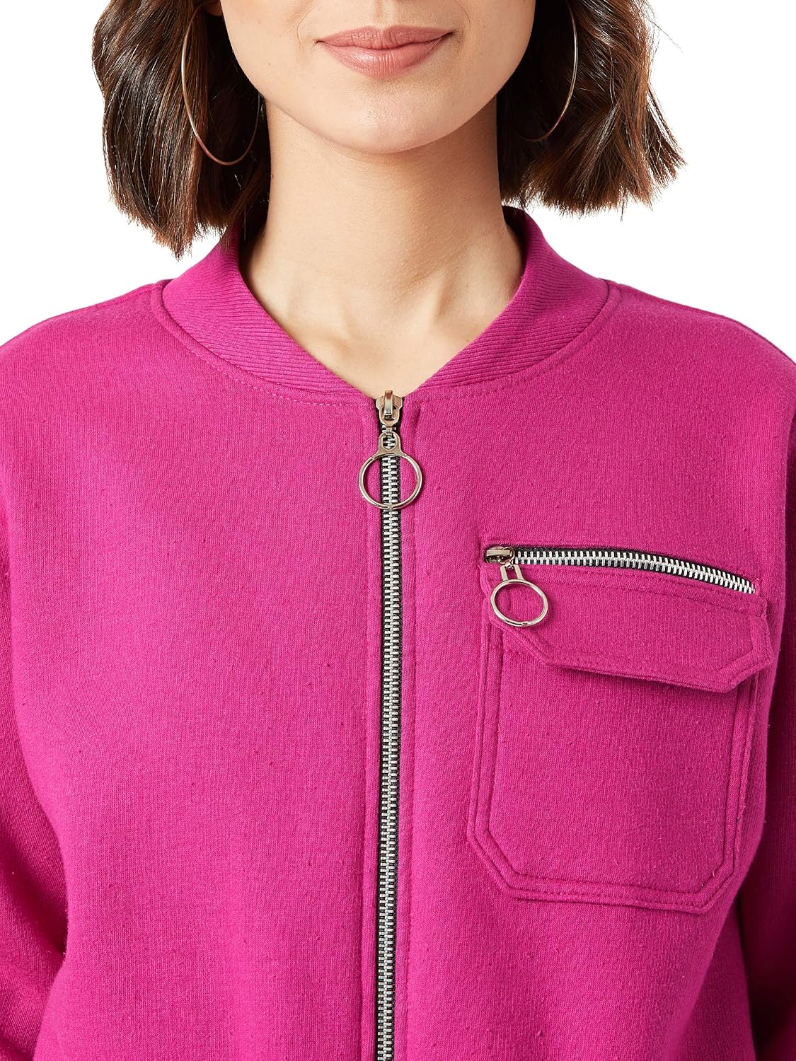Women's Pink Collared Full Sleeves Bomber Cropped Jacket - Image 5