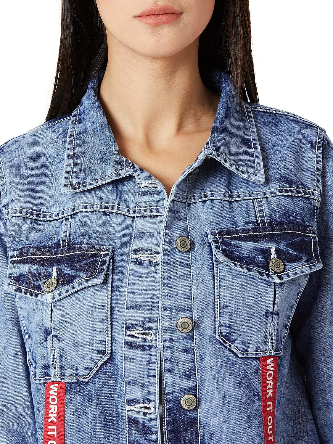 Women's Light Blue Collared Full Sleeve Buttoned Twill Tape Detailing Solid Denim Jacket - Image 5