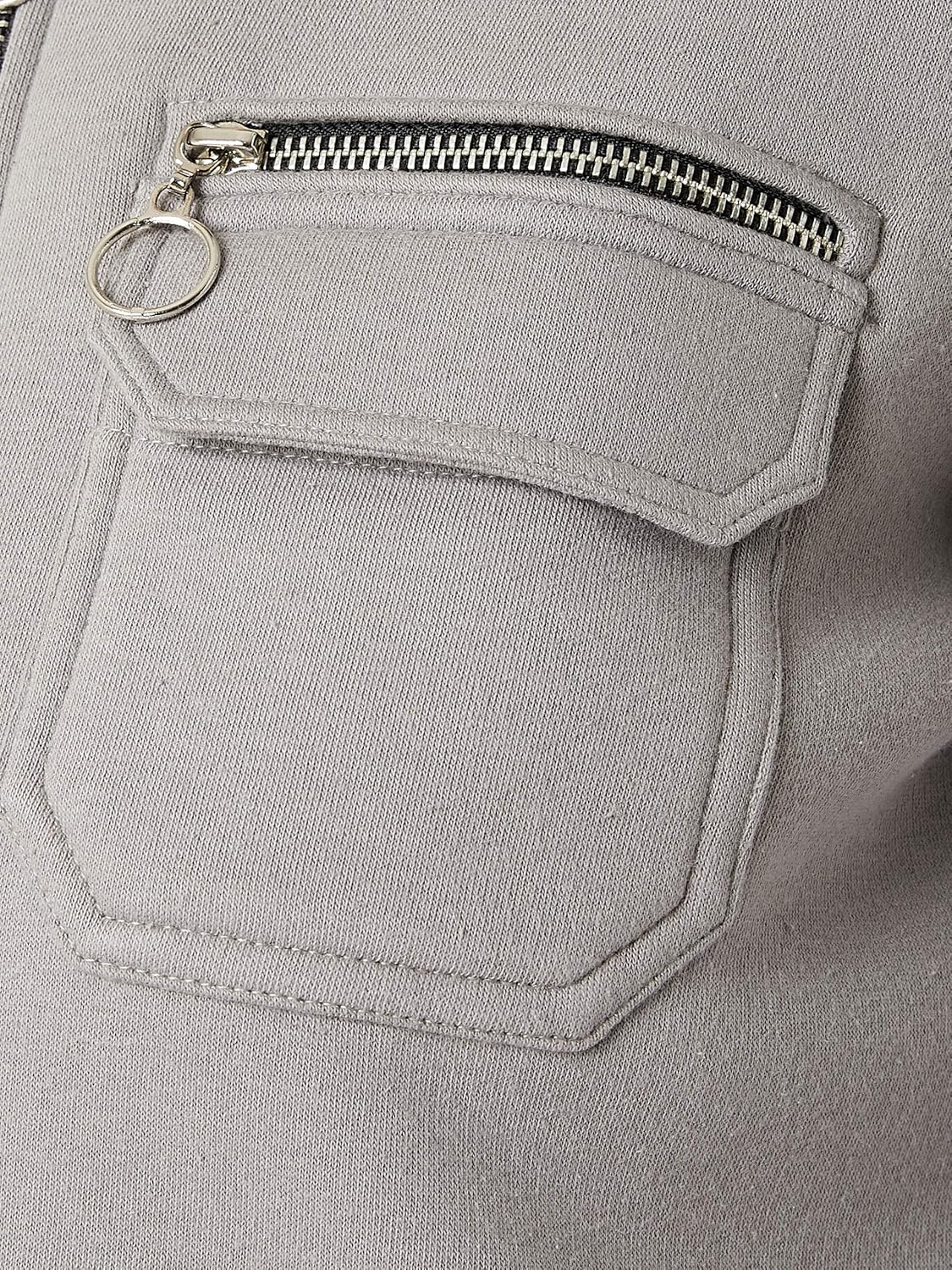 Women's Grey Collared Full Sleeves Solid Bomber Cropped Jacket - Image 6