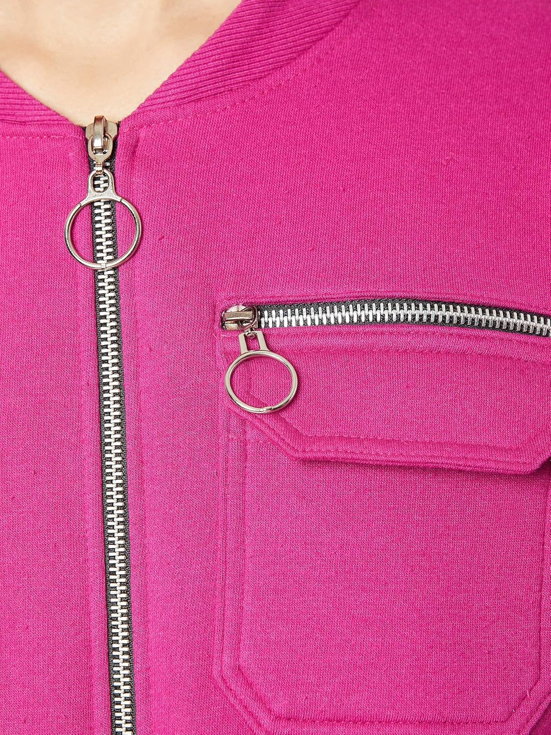 Women's Pink Collared Full Sleeves Bomber Cropped Jacket - Image 6